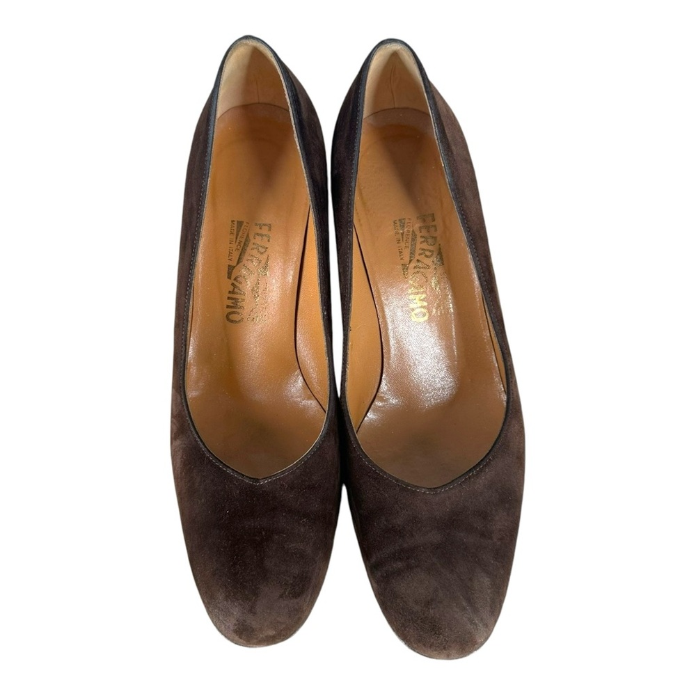 Salvatore Ferragamo Women’s 9 B Brown Suede Pumps VTG Vintage Tortoise Heel - Picture 8 of 13